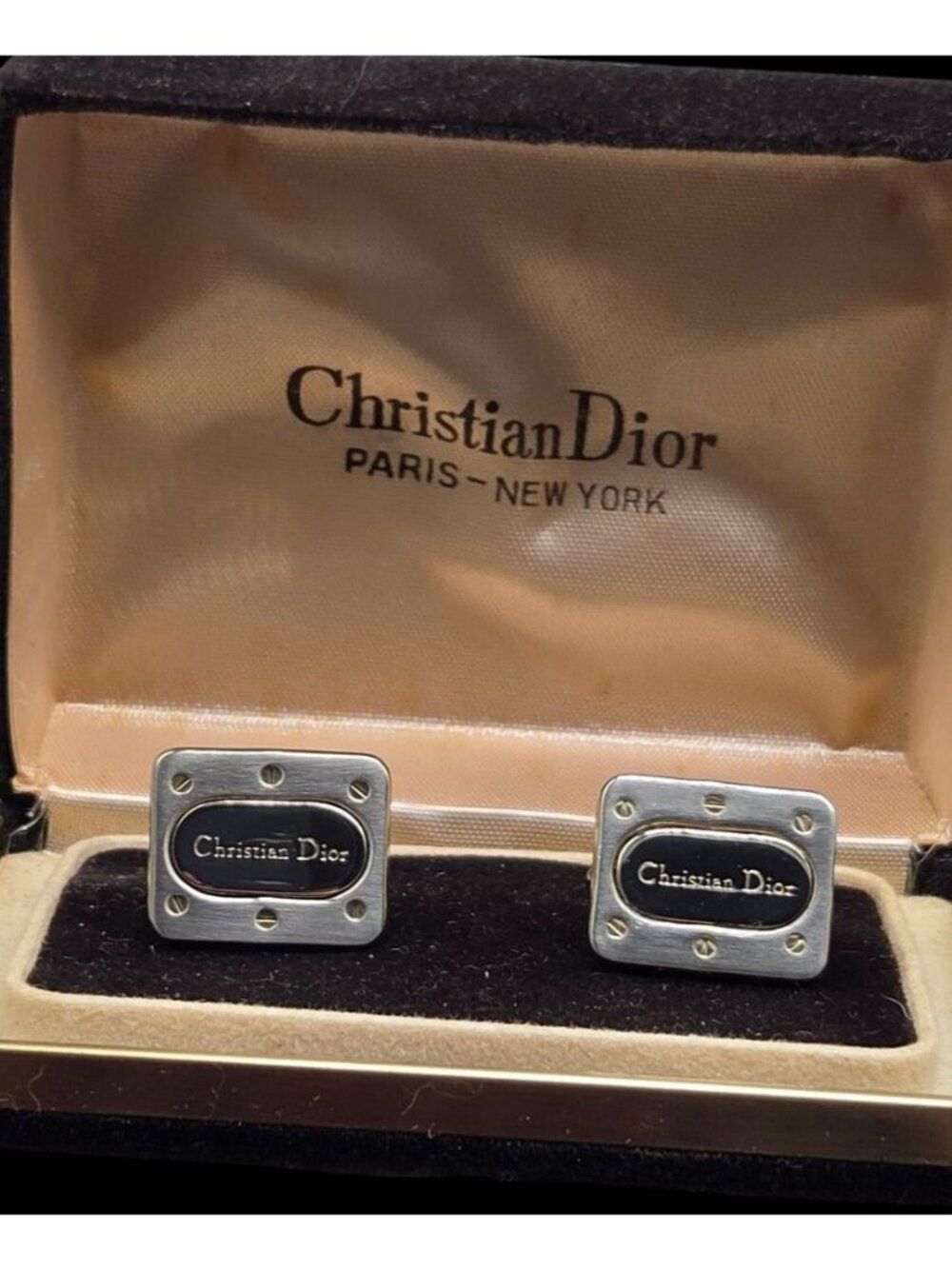 Vintage Christian Dior Cufflinks Two-Tone Gold Black Lacquer With Original Box